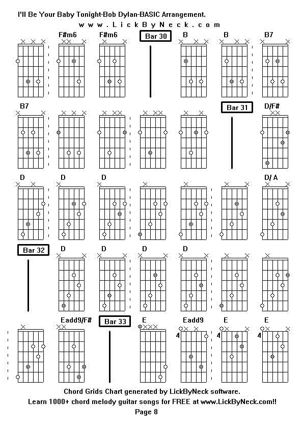 Chord Grids Chart of chord melody fingerstyle guitar song-I'll Be Your Baby Tonight-Bob Dylan-BASIC Arrangement,generated by LickByNeck software.